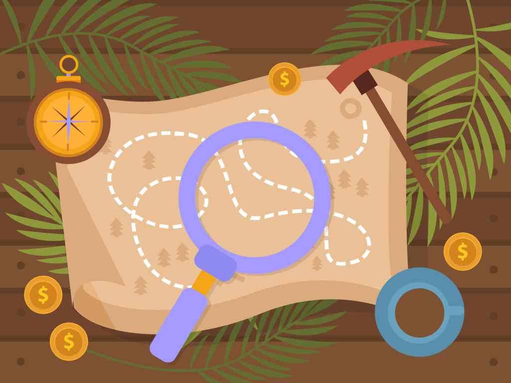 macrovector / Freepik / “Treasure hunt flat composition with top view of magnifier on map with compass and mattock vector illustration” / FreePik license